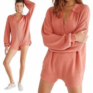 Free People Picnic Romper Ribbed Knit Collared Linen Cotton Salmon Playsuit